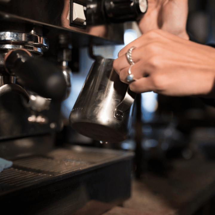 frothing milk with steam wand in pitcher